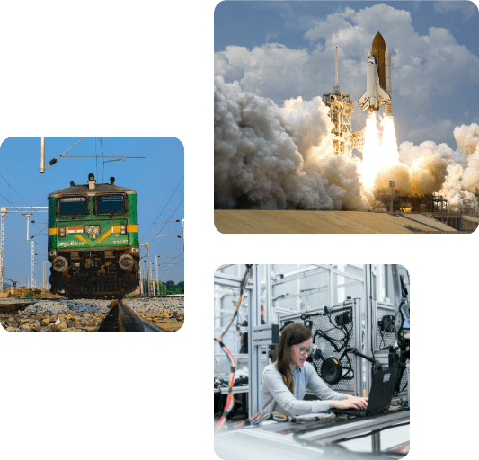 An Image Contains Rocket Space Launching and Second Image Contain Train Engine and Third Image Contain Engineer Working